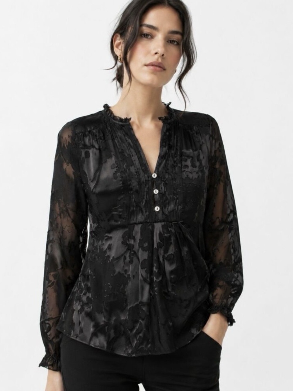 Diane Von Furstenberg Annalise Silk Burnout Blouse Black Ruffle V-Neck Boho 6